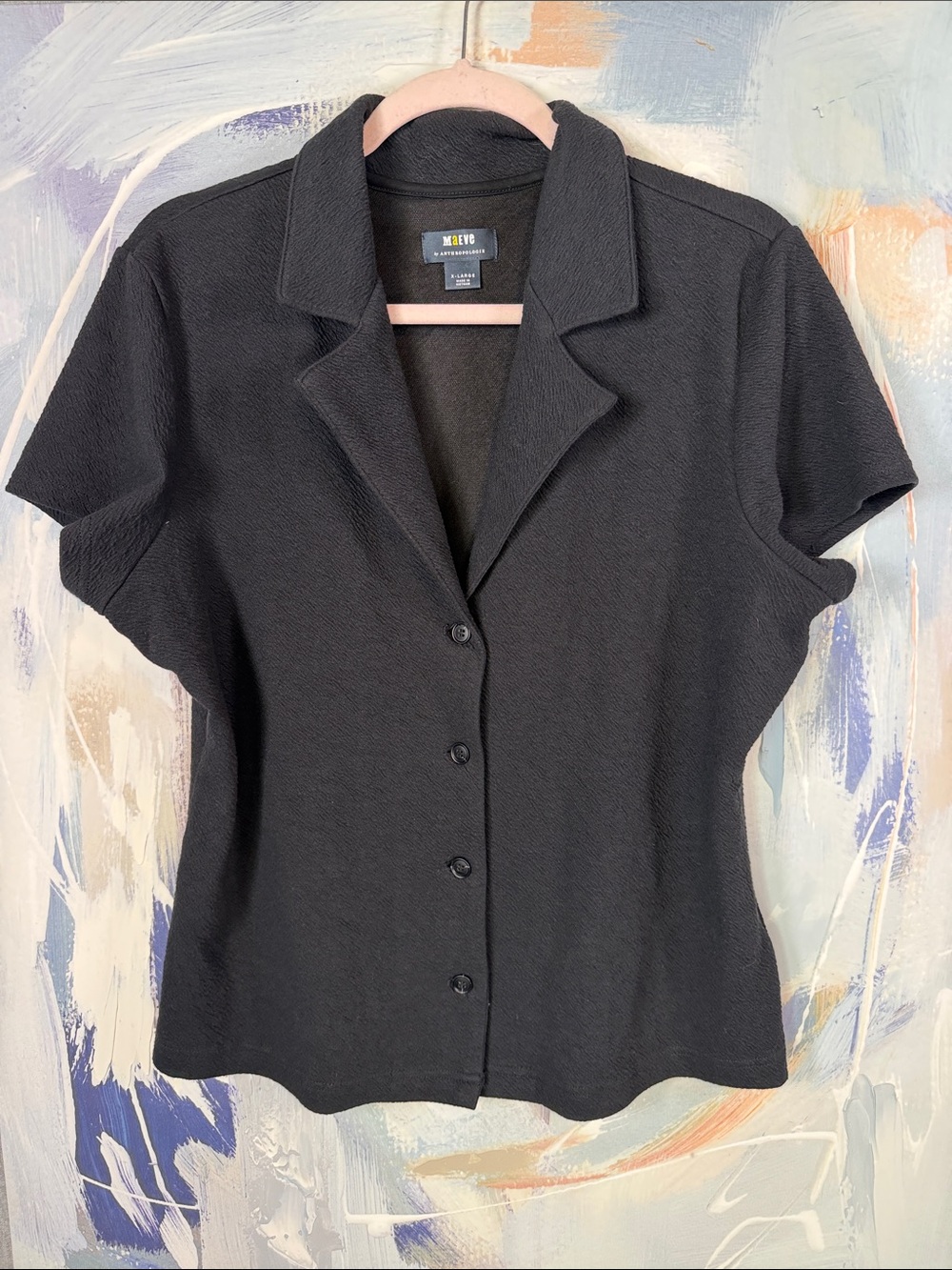 Maeve Anthropologie Black Short Sleeve Tailored Top Button Notched Lapel XL